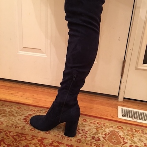 Navy blue Suede over-the-knee block heel boot 10 - Picture 2 of 7